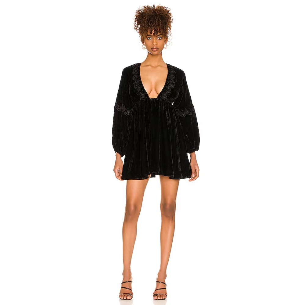 Tularosa Mini Dress Black Velvet Babydoll XS Eyelet Lace Cocktail Boho Western